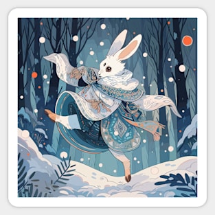 White rabbit dancing in the snow Sticker
